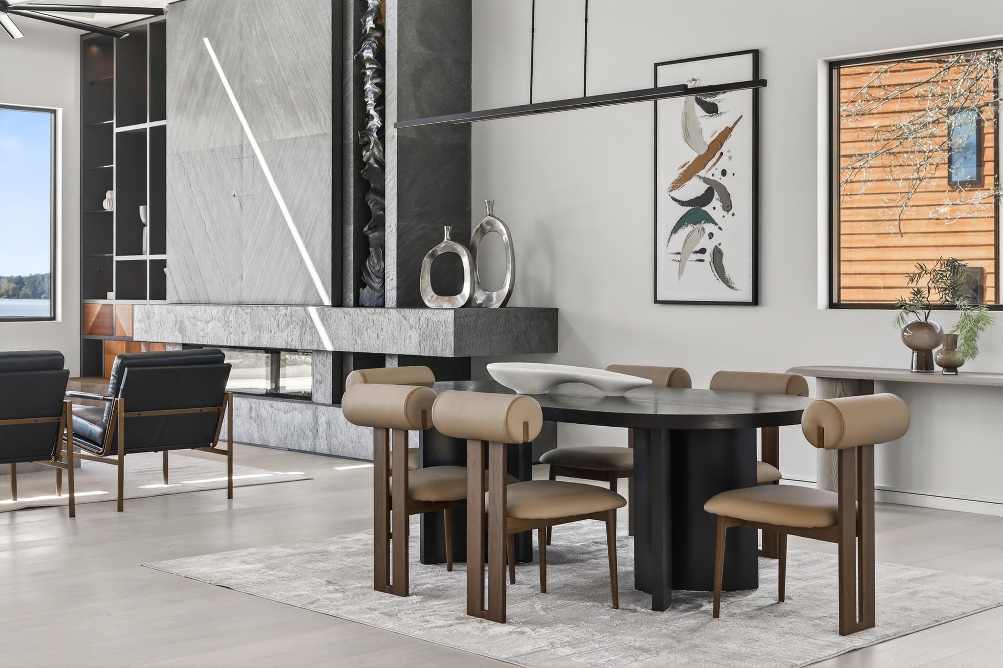 Industrial loft interior with panoramic windows and city skyline - slide 2 of 4