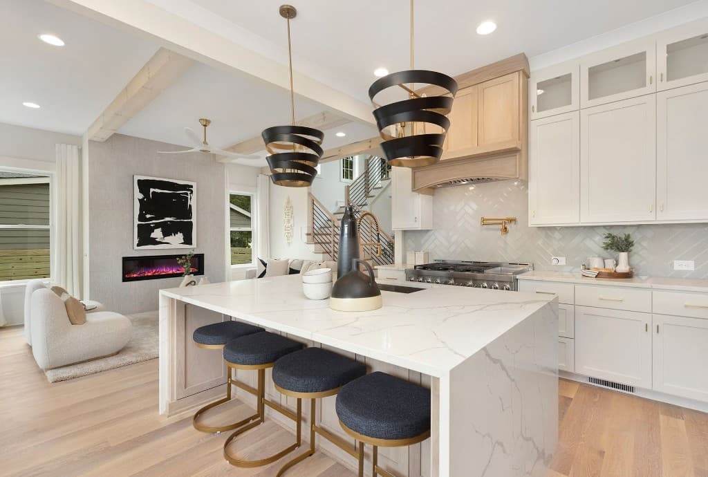 Bright open-plan kitchen and living area with island