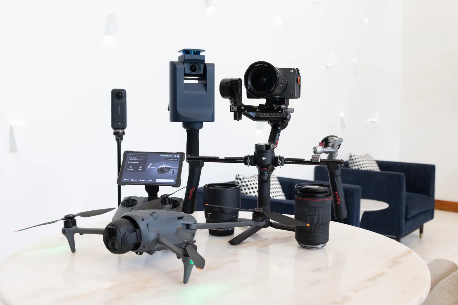 TNT equipment including cameras, stabilizer, drone, controller, 3D scanner, 360-degree camera and interchangeable lenses